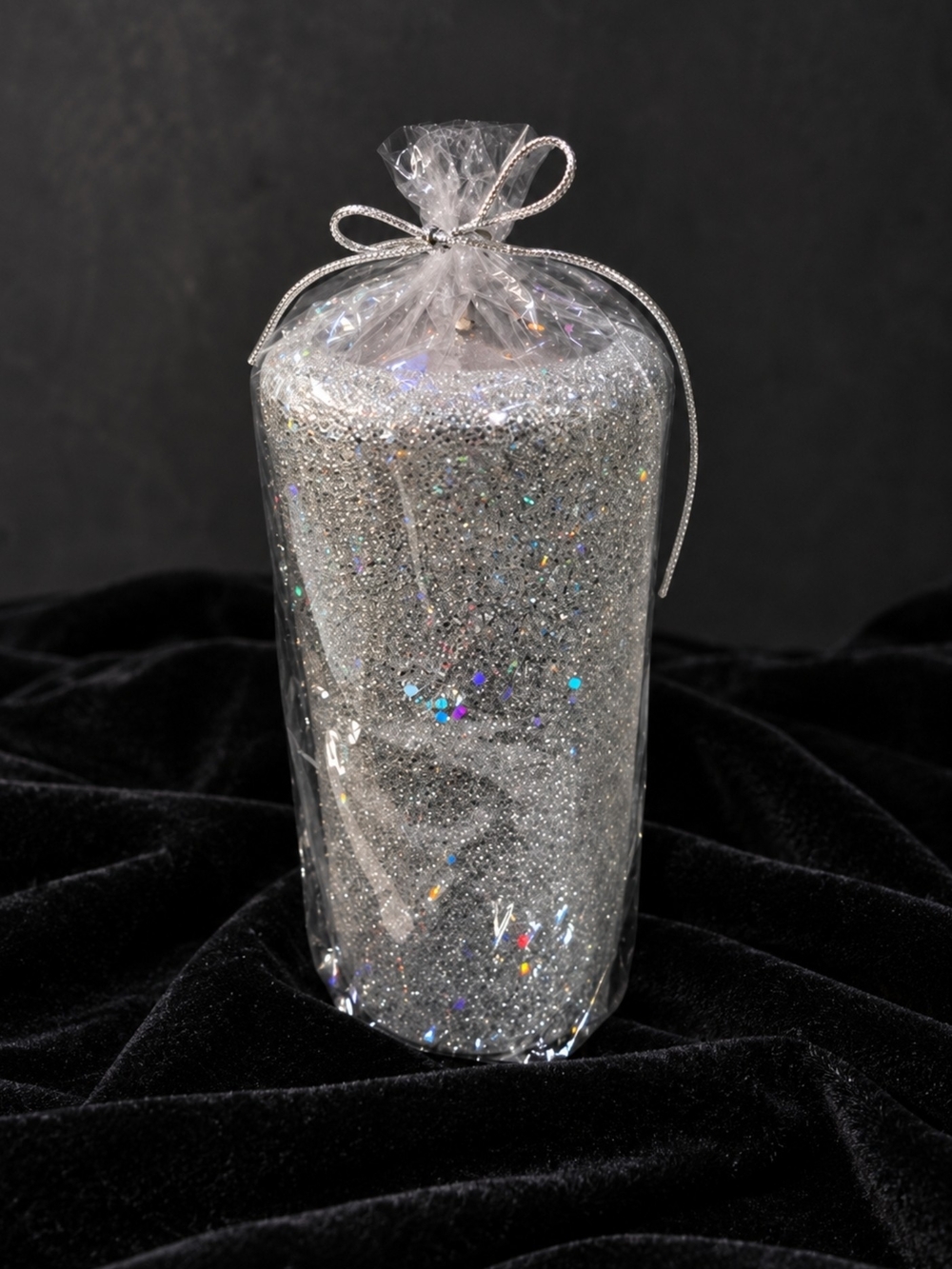 Vtg Pottery Barn Silver Glitter Pillar Candle New in Original Wrap Read 3x6 Read